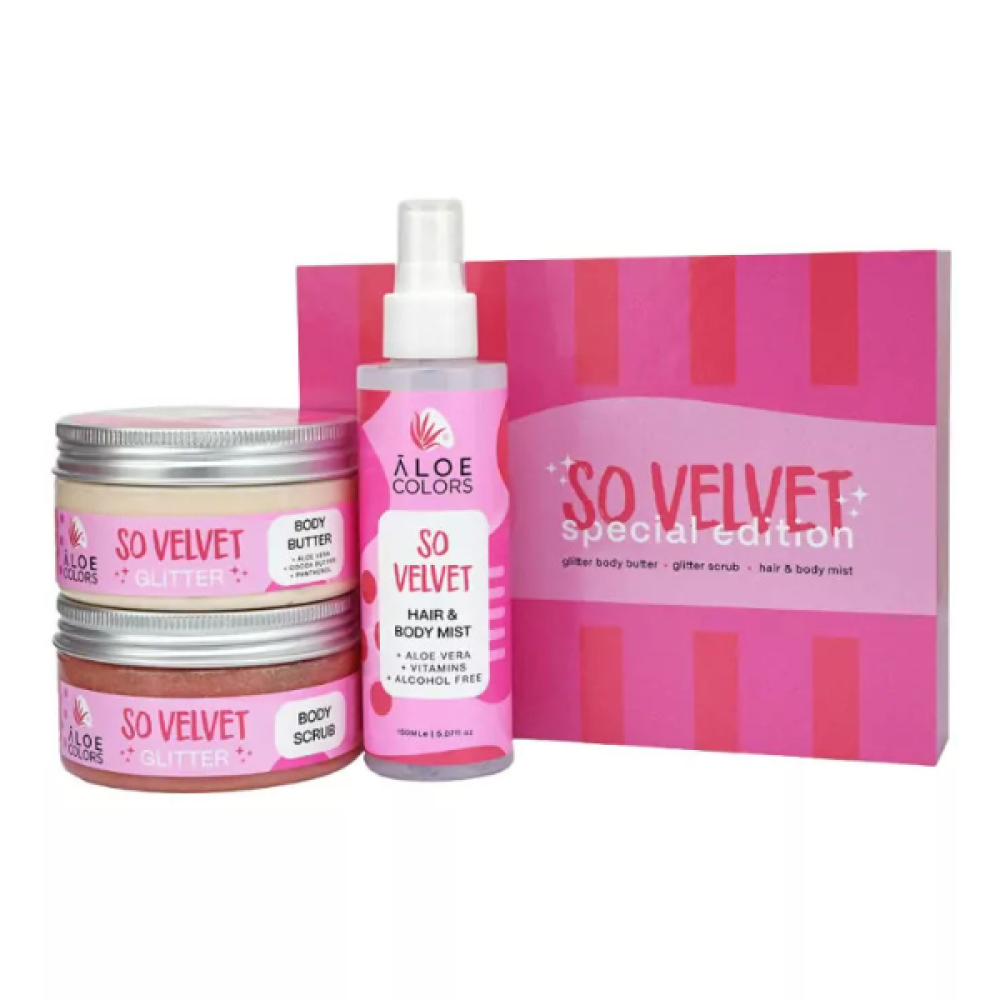 Aloe + Colors | Promo So Velvet Special Edition | Body Butter Glitter 200ml | & Body Scrub 200ml | & Hair & Body Mist 150ml
