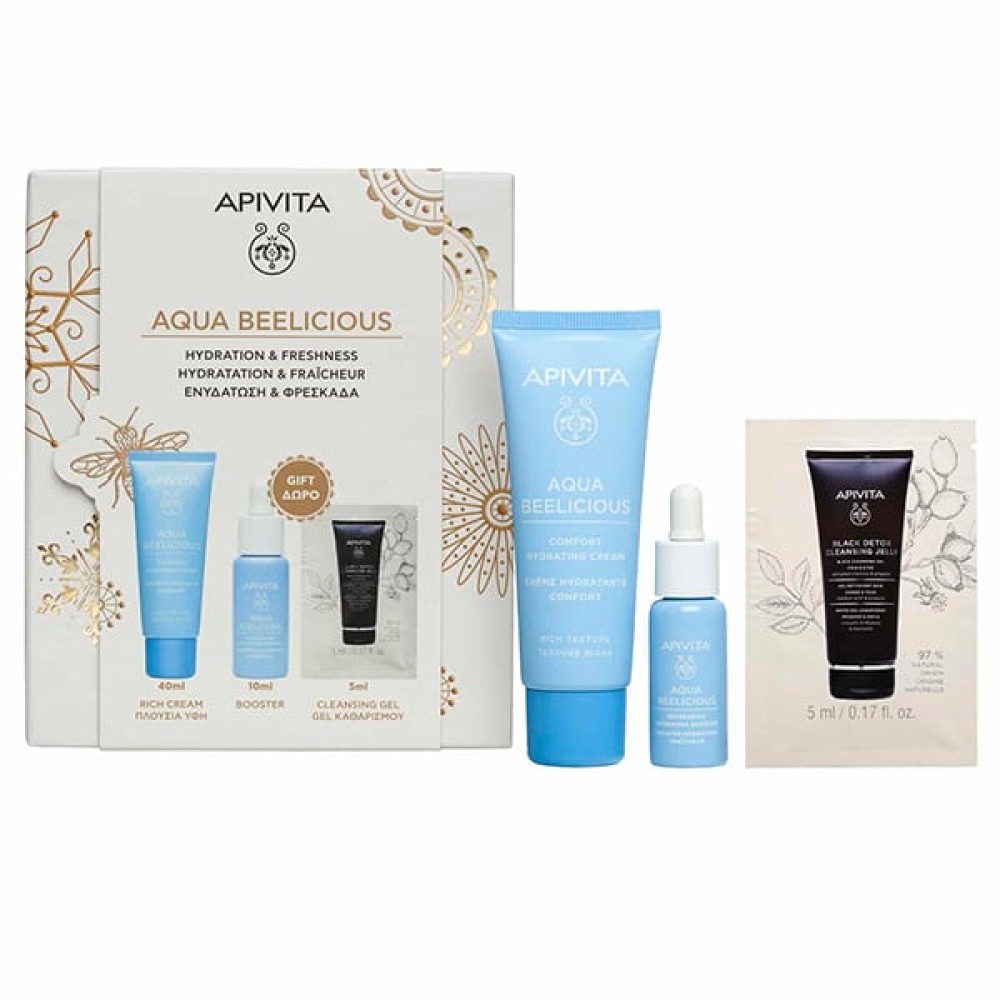 Apivita | Promo Aqua Beelicious Routine Κρέμα Ενυδάτωσης, 40ml, Booster Αναζωογόνησης & Ενυδάτωσης, 10ml & Δώρο Μαύρο Gel Καθαρισμού για Πρόσωπο & Μάτια, 5ml  | 1set
