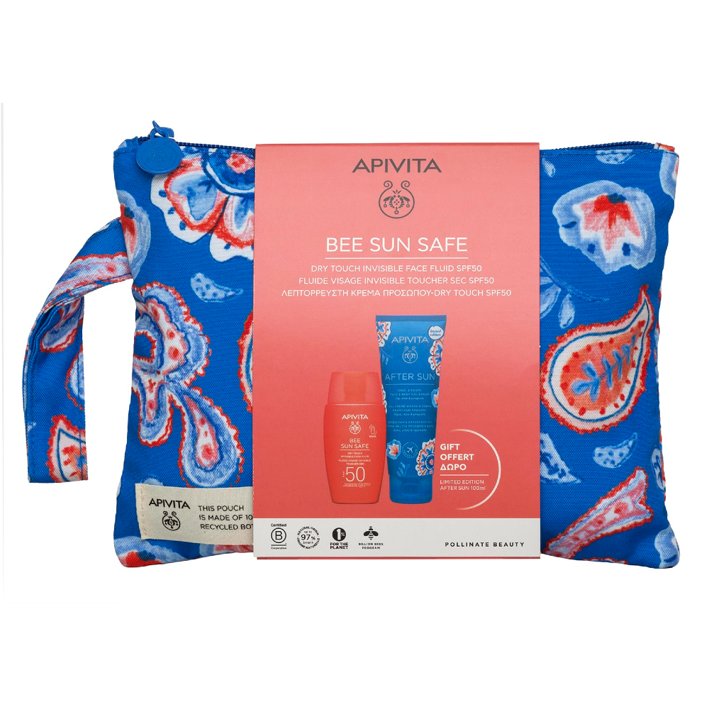 Apivita | Bee Sun Safe |Dry Touch SPF50+ |  Λεπτόρρευστη Αντηλιακή Κρέμα Προσώπου 50ml | After Sun Limited Edition Travel Size | 100ml.