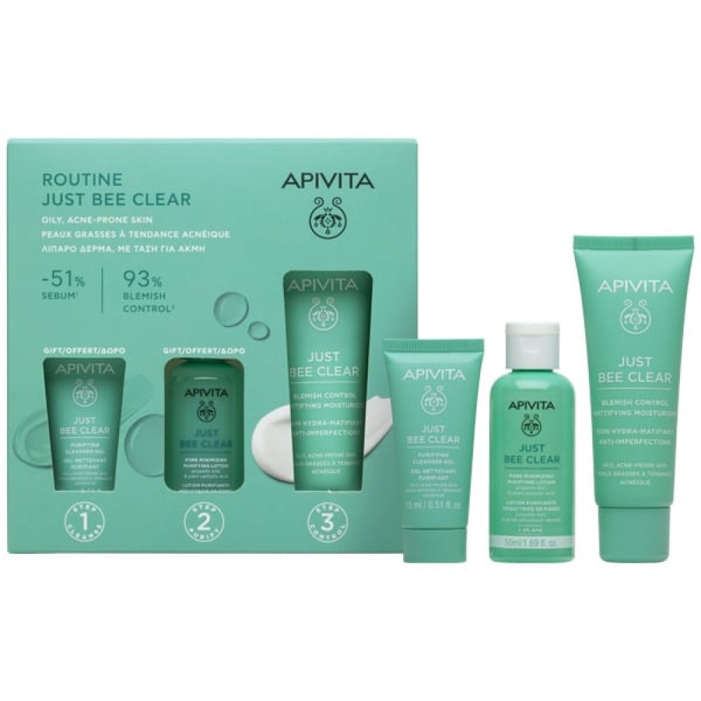 Apivita | Promo Routine Just Bee Clear Κρέμα κατά των Ατελειών, 40ml & ΔΩΡΟ Just Bee Clear Λοσιόν Σύσφιξης Πόρων, 50ml & Gel Καθαρισμού Προσώπου, 15ml | 1σετ