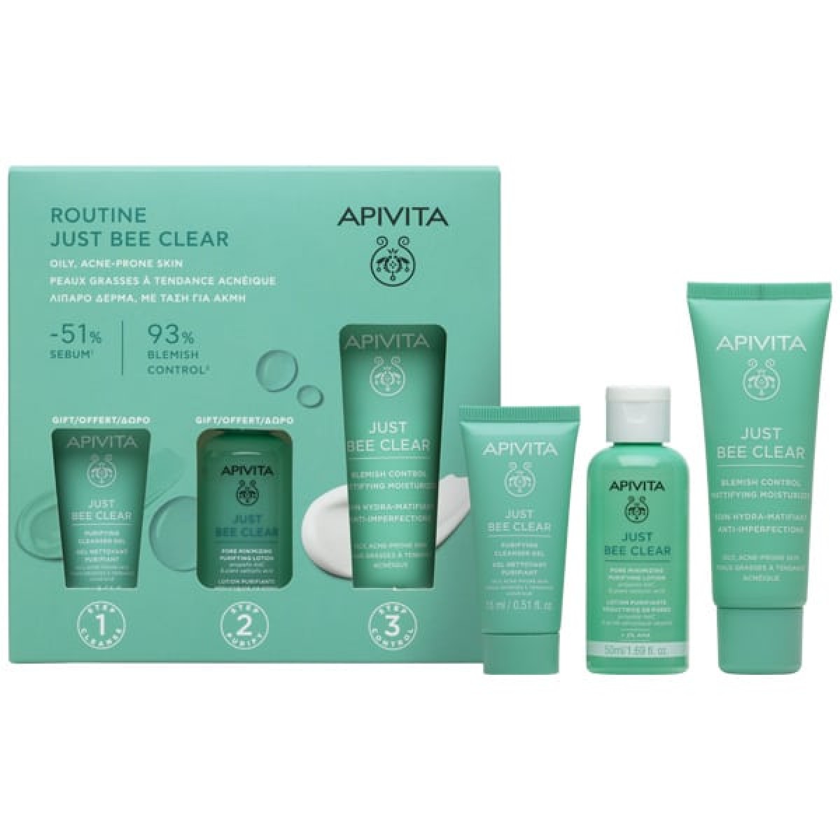 Apivita | Promo Routine Just Bee Clear Κρέμα κατά των Ατελειών, 40ml & ΔΩΡΟ Just Bee Clear Λοσιόν Σύσφιξης Πόρων, 50ml & Gel Καθαρισμού Προσώπου, 15ml | 1σετ