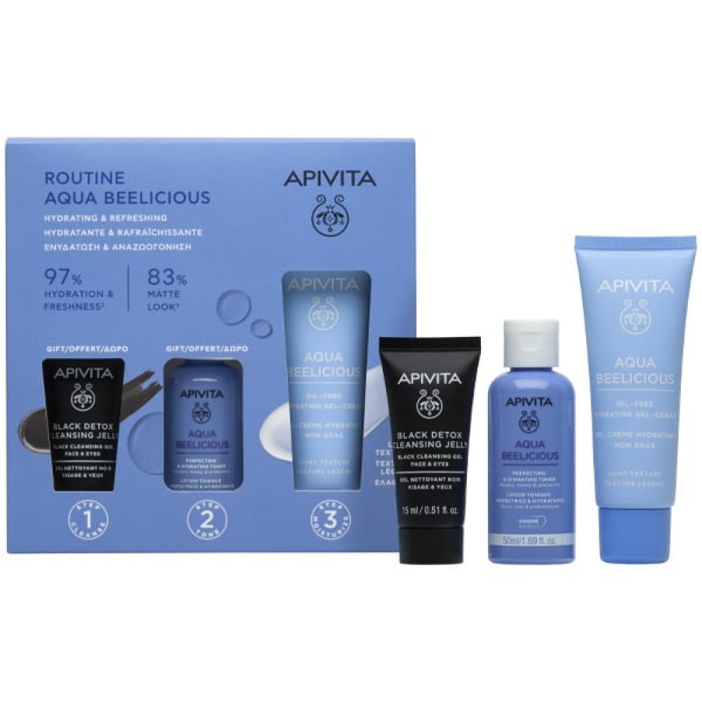 Apivita | Promo Αqua Beelicious Hydrating Gel-Cream Ενυδατική Κρέμα Ελαφριάς Υφής, 40ml & ΔΩΡΟ Αqua Beelicious Ενυδατικό Τόνερ, 50ml & Black Dettox Gel Καθαρισμού, 15ml | 1σετ