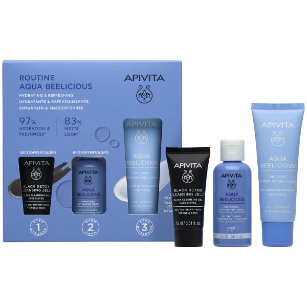 Apivita | Promo Αqua Beelicious Hydrating Gel-Cream Ενυδατική Κρέμα Ελαφριάς Υφής, 40ml & ΔΩΡΟ Αqua Beelicious Ενυδατικό Τόνερ, 50ml & Black Dettox Gel Καθαρισμού, 15ml | 1σετ