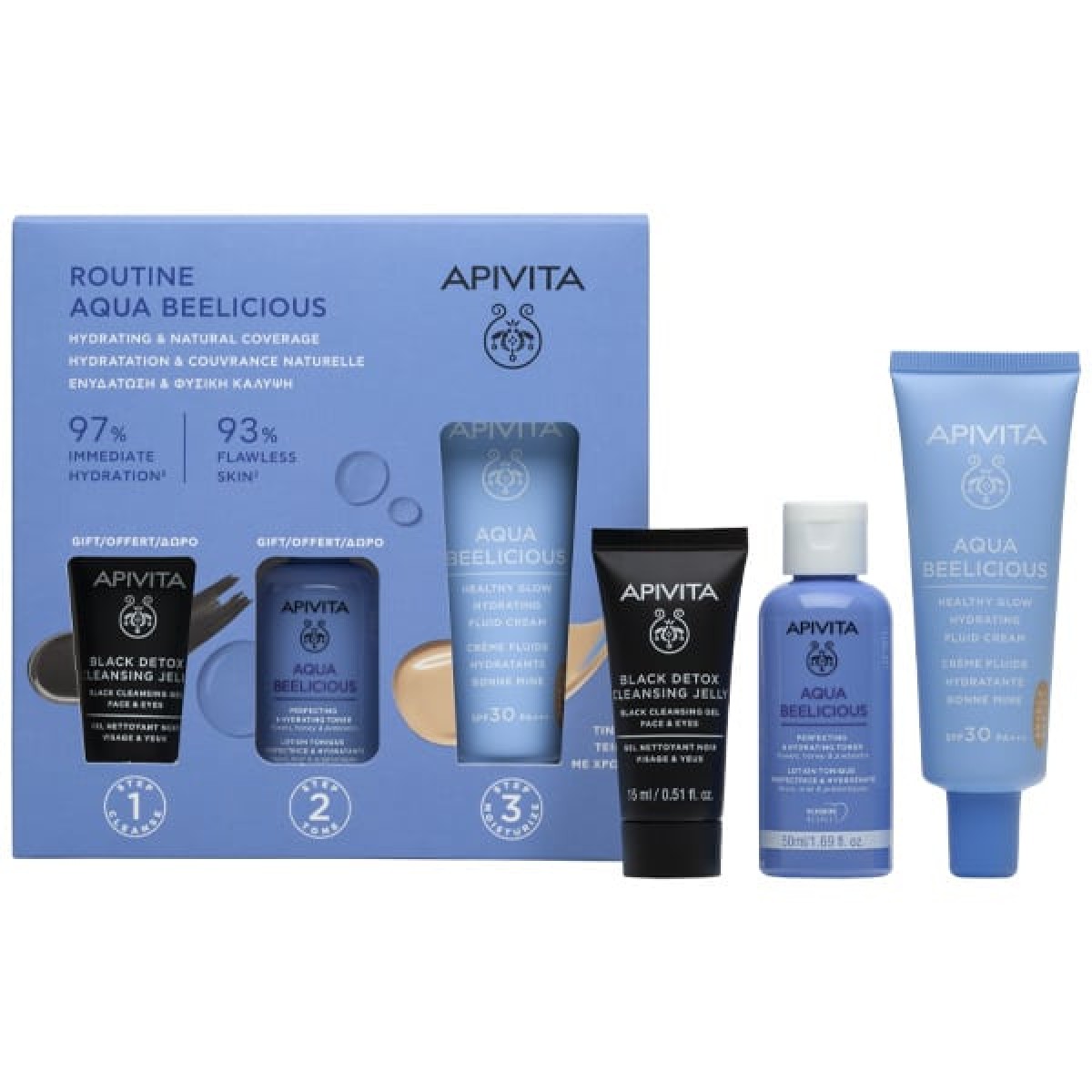 Apivita | Promo  Αqua Beelicious Ενυδατική Κρέμα με Χρώμα Ελαφριάς Υφής SPF 30 & ΔΩΡΟ Αqua Beelicious Ενυδατικό Τόνερ, 50ml & Black Dettox Gel Καθαρισμού, 15ml | 1σετ