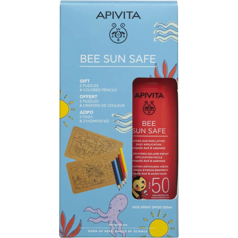 Apivita | Bee Sun Safe Αδιάβροχο Παιδικό Αντηλιακό Σετ Spray SPF50  200ml & Δώρο 2 Παζλ & Ξυλομπογιές