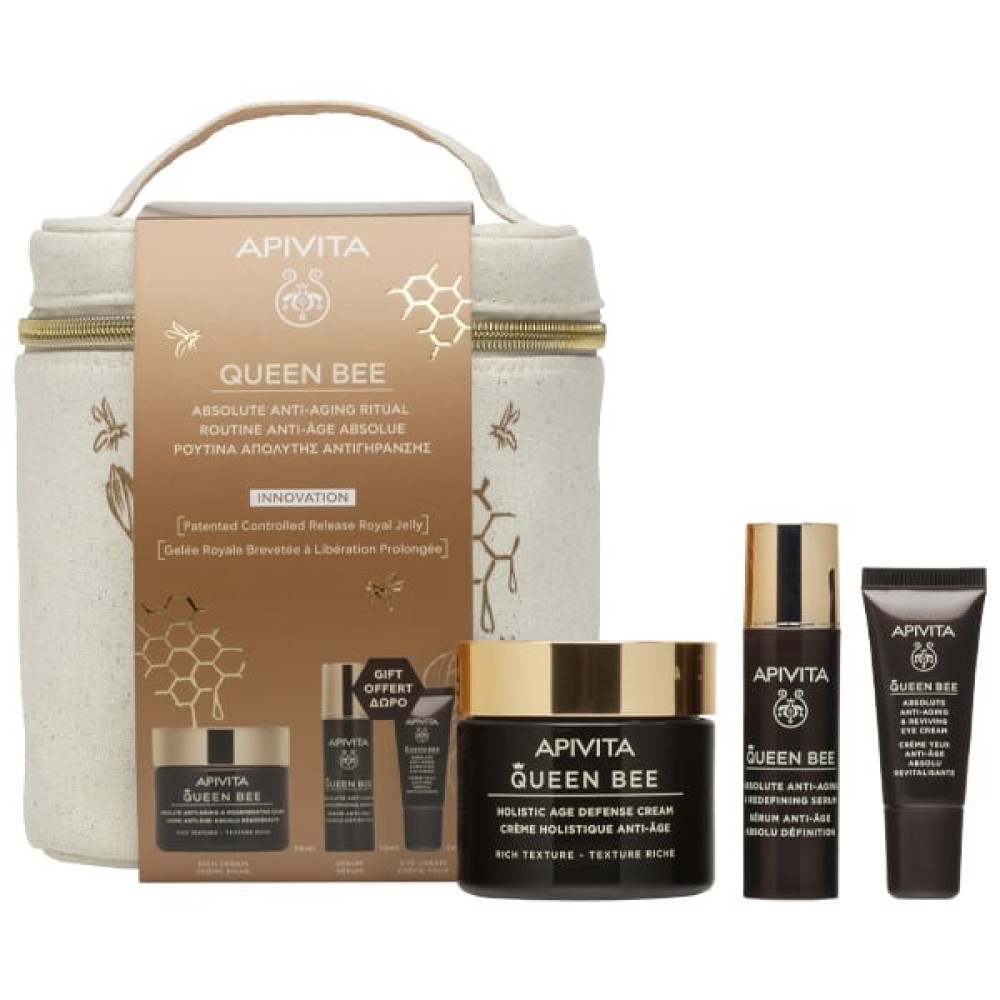Apivita | Promo Queen Bee Ρουτίνα Απόλυτης Αντιγήρανσης με Αντιγηραντική Κρέμα Ελαφριάς Υφής, 50ml & ΔΩΡΟ Queen Bee Serum Αντιγηραντικός Ορός Προσώπου, 10ml, Κρέμα Ματιών, 5ml & Νεσεσέρ | 1τεμ, 1σετ