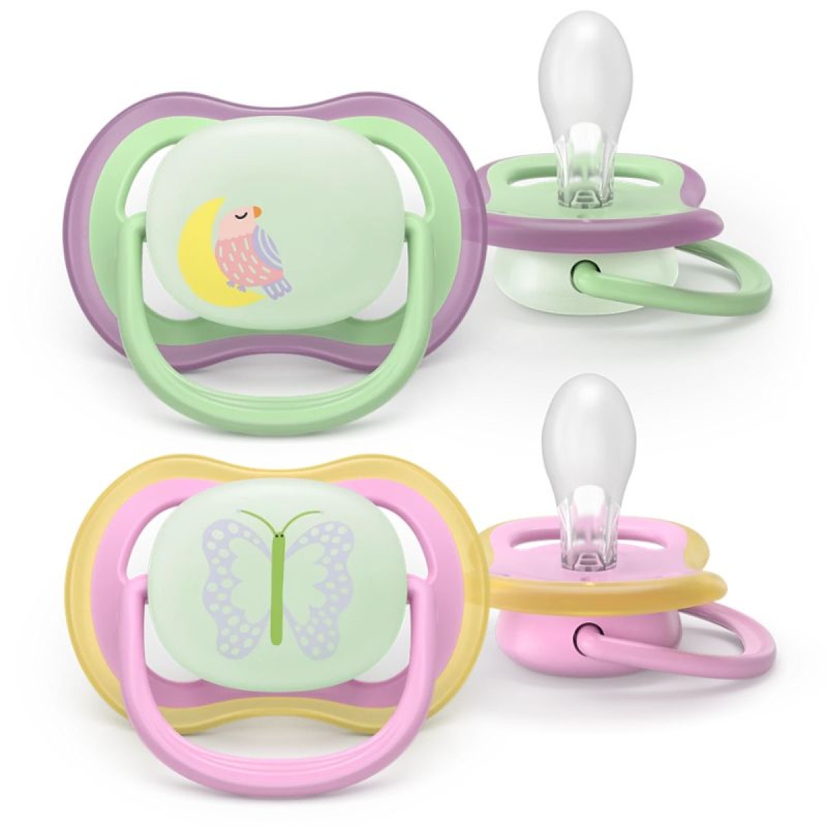  Avent | Ultra Air Nighttime Σετ Σιλικονούχες Πιπίλες 2 για 6-18 Μηνών Green / Pink