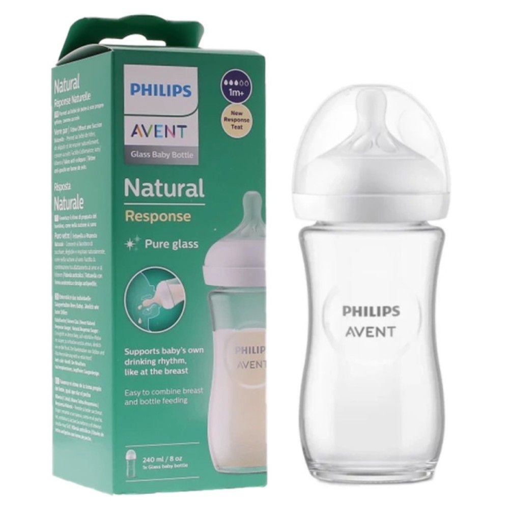 Avent | Natural Response, Γυάλινο Μπιμπερό με Θηλή Σιλικόνης 1m+ 240ml | 1τεμ