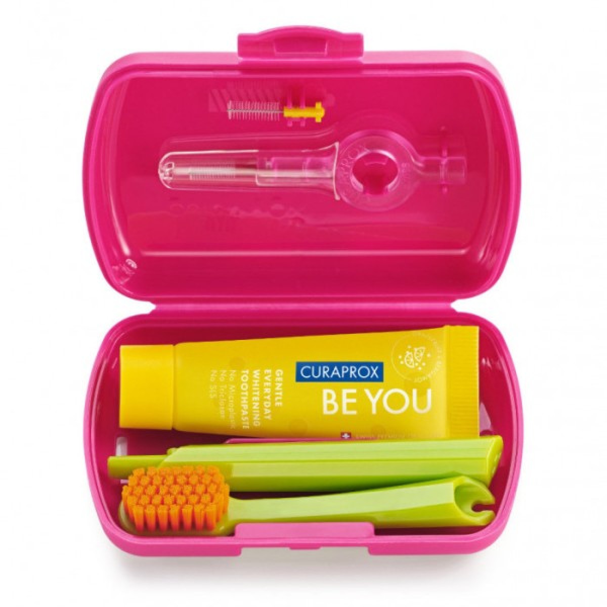 Curaprox | Travel Set με Οδοντόκρεμα 10ml, Οδοντόβουρτσα Πτυσσόμενη, Μεσοδόντιο Βουρτσάκι Καθαρισμού & Κουτί Μεταφοράς Φούξια | 1τμχ