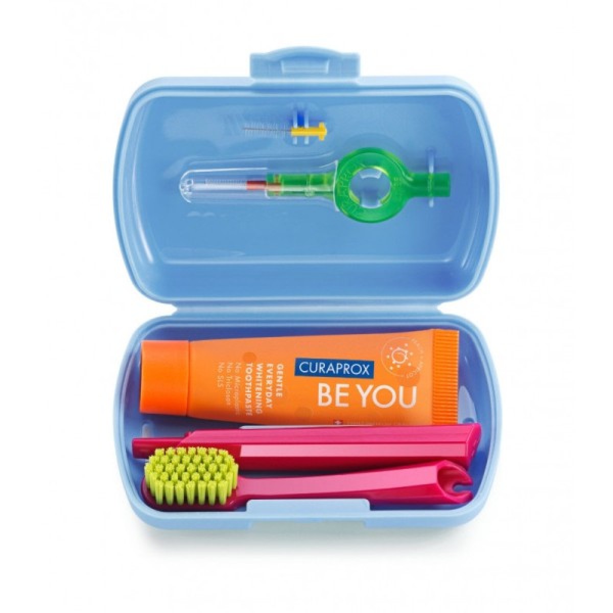 Curaprox | Travel Set με Οδοντόκρεμα 10ml, Οδοντόβουρτσα Πτυσσόμενη, Μεσοδόντιο Βουρτσάκι Καθαρισμού & Κουτί Μεταφοράς Γαλάζιο | 1τμχ