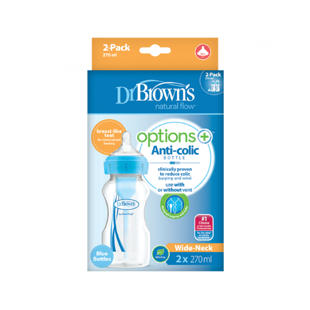 Dr. Brown's | Natural Flow Options+ Anti-Colic Πλαστικό Μπιμπερό με Φαρδύ Λαιμό & Θηλή Σιλικόνης Μπλε 0m+ | 2x270ml