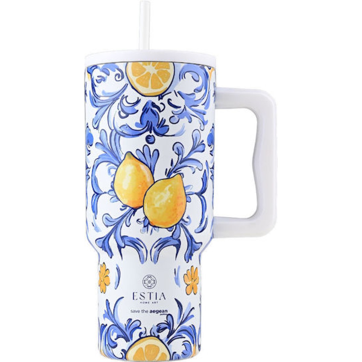 Estia | Straw Tumbler XL Save the Aegean Handled Tumbler  Amalfi Coast | 900ml