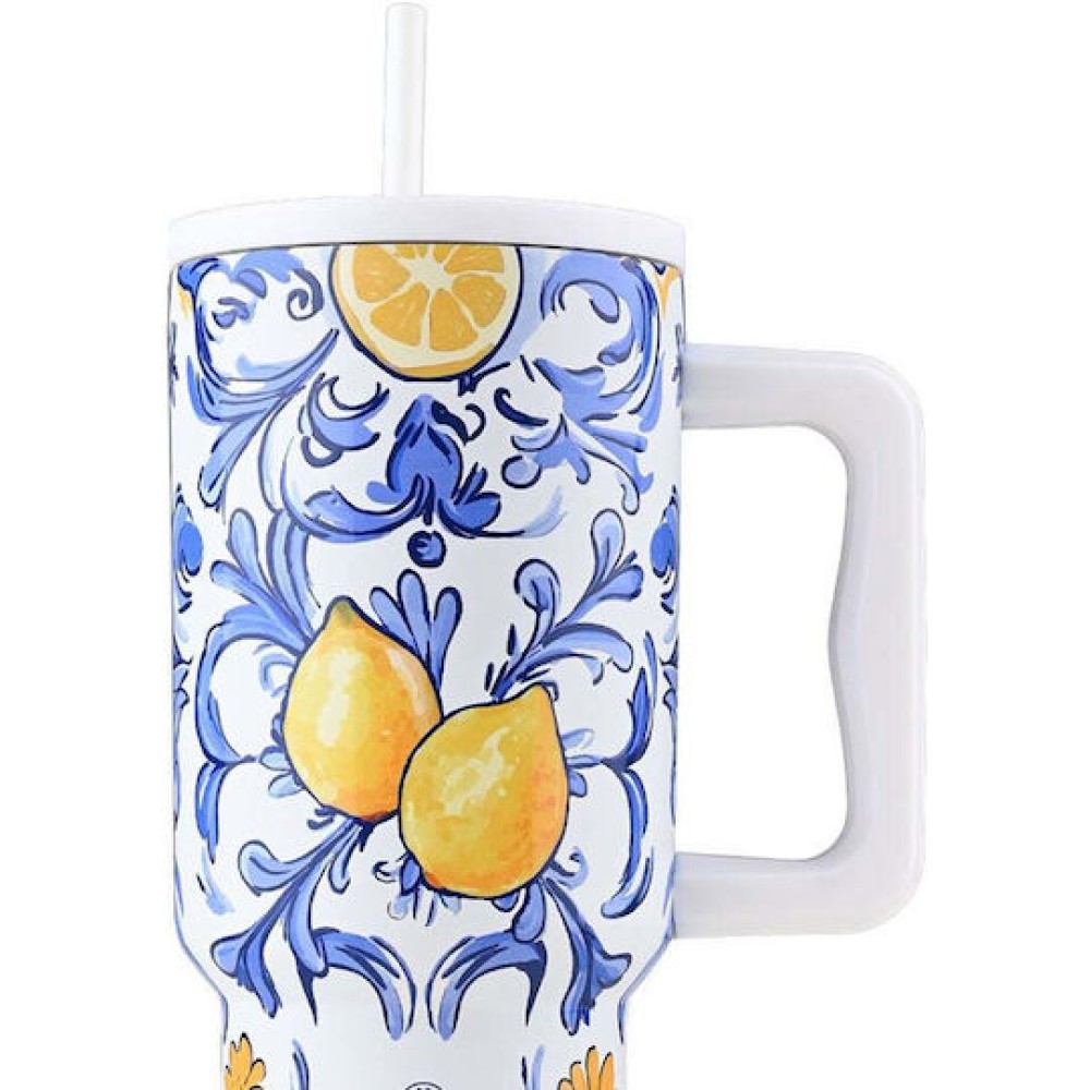Estia | Straw Tumbler XL Save the Aegean Handled Tumbler  Amalfi Coast | 900ml