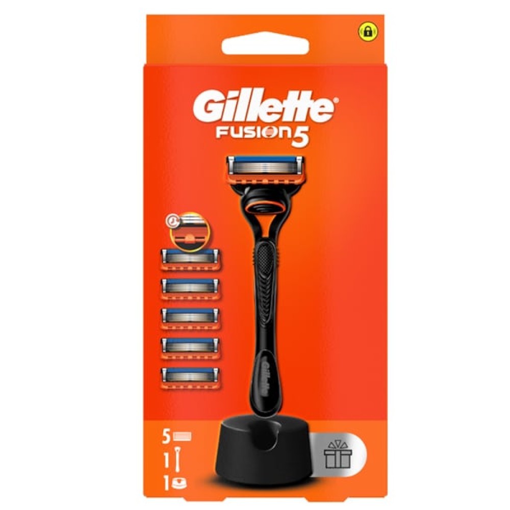 Gillette | Fusion5 Ξυριστική Μηχανή, Ανταλλακτικές Κεφαλές, 5τεμ & Δώρο Βάση Στήριξης | 1σετ