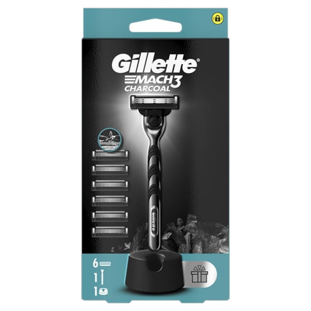 Gillette | Mach3 Charcoal Ξυριστική Μηχανή, Ανταλλακτικές Κεφαλές 6τεμ & Δώρο η Βάση Στήριξης | 1σετ