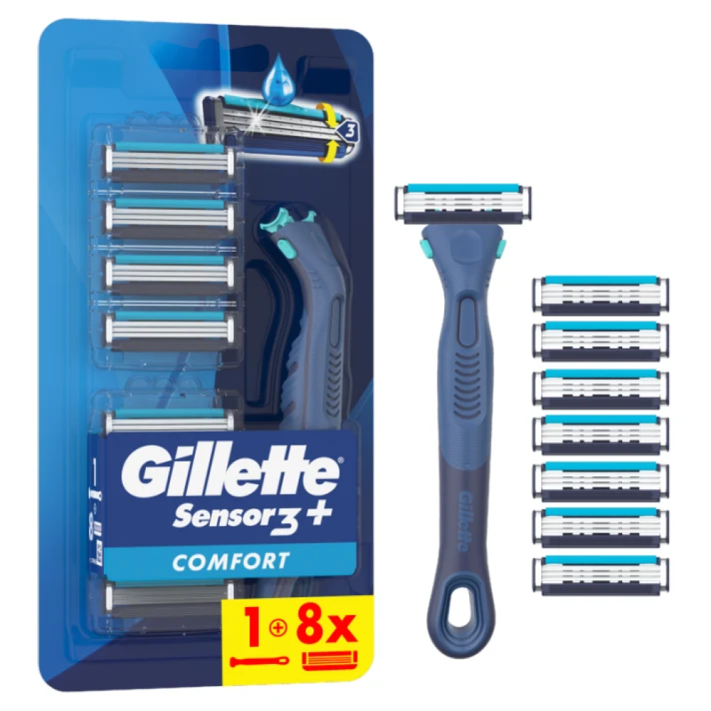 Gillette | Sensor3+ Comfort Ανδρικό Ξυραφάκι Με Εργονομική Λαβή & 8 Ανταλλακτικές Κεφαλές