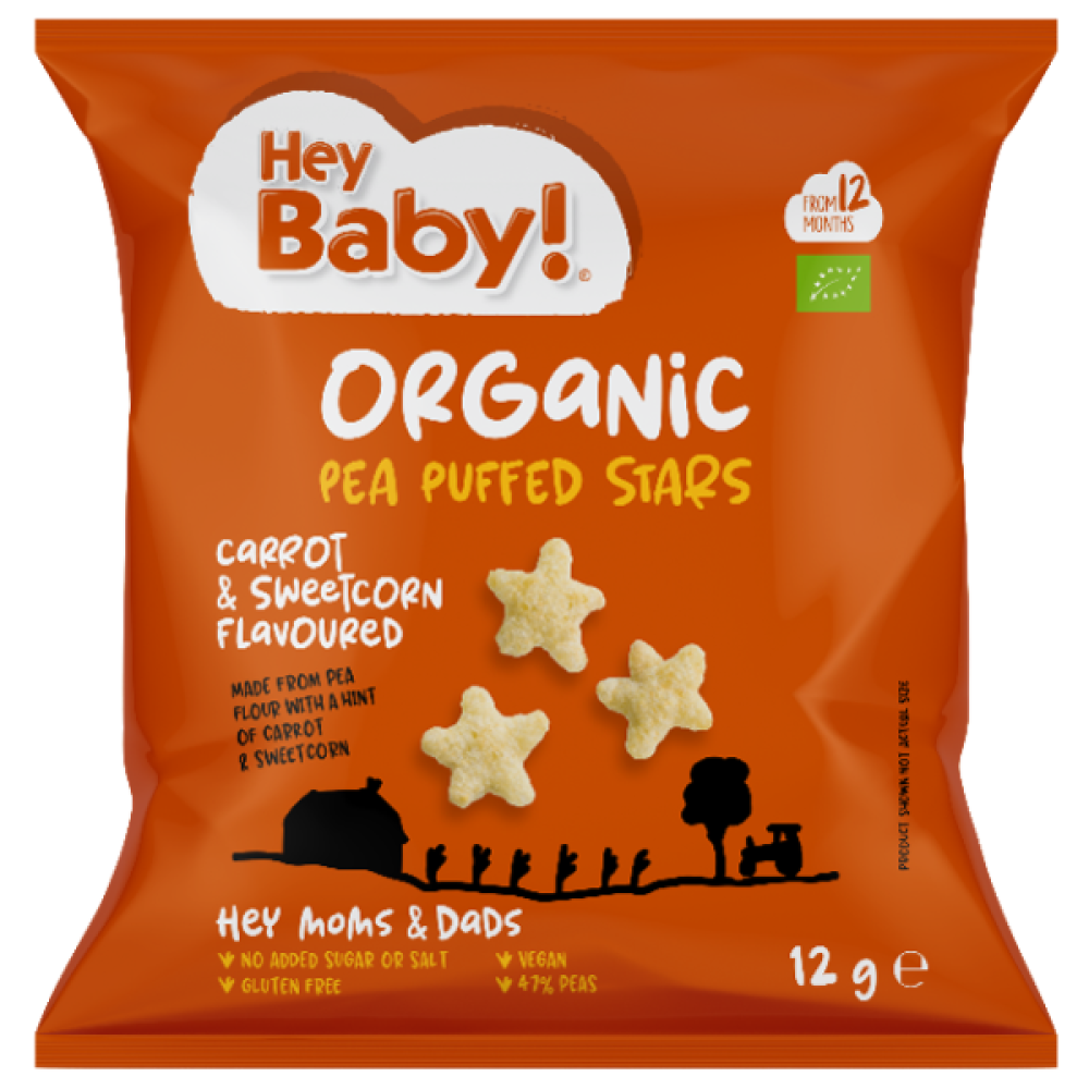 Hey Baby! | Organic Pea Puffed Stars Carrot & Sweetcorn Flavoured Βιολογικό Σνακ Καλαμποκιού με Γεύση Καρότο & Γλυκό Καλαμπόκι | 12g