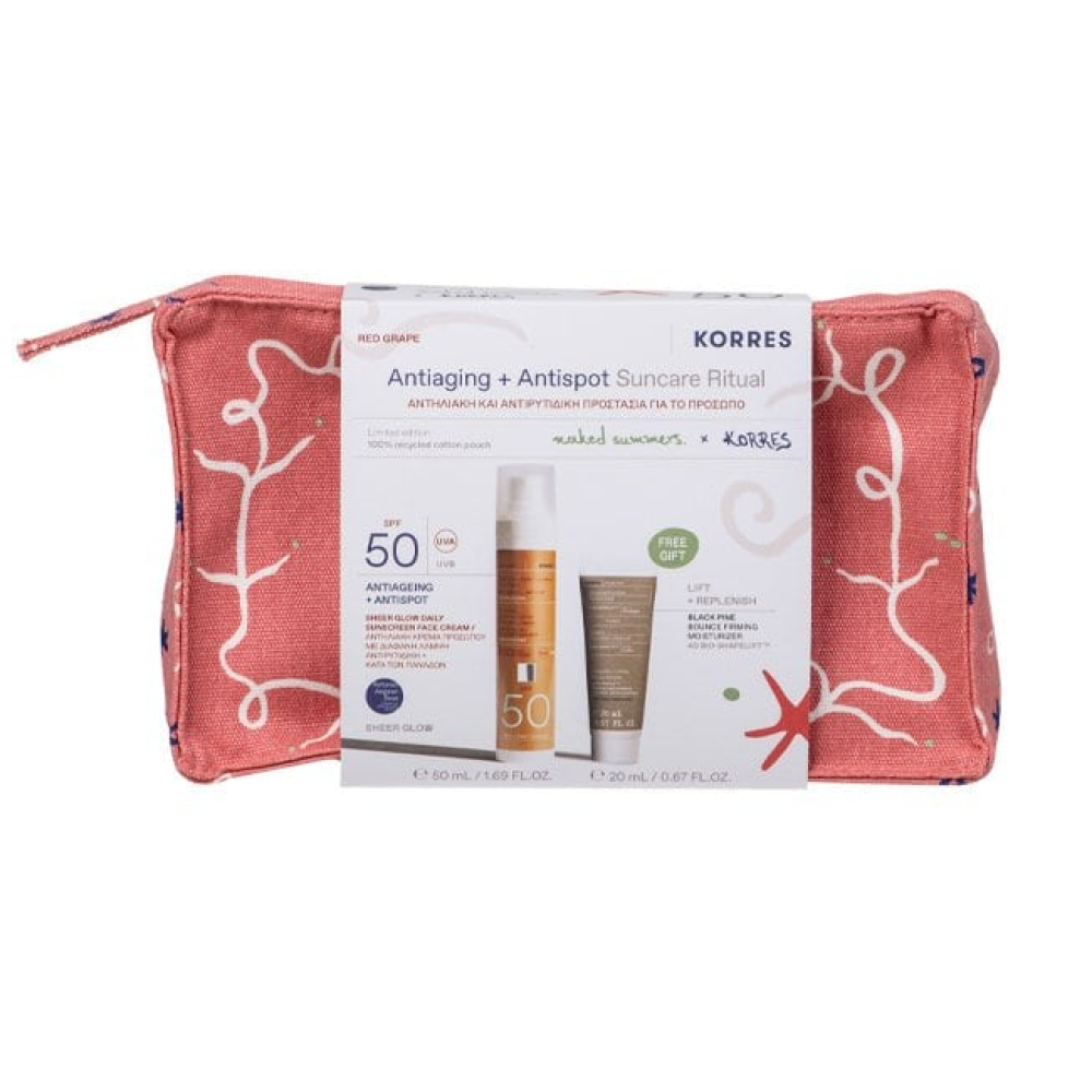 Korres | Promo Antiaging & Antispot Suncare Ritual Αντηλιακή & Αντιρυτιδική Προστασία με Red Grape Sheer Glow Αντηλιακή Κρέμα Προσώπου SPF50, 50ml, Black Pine Κρέμα Ημέρας για Σύσφιξη & Lifting, 20ml & ΔώροΝεσεσέρ, 1τεμ |1σετ