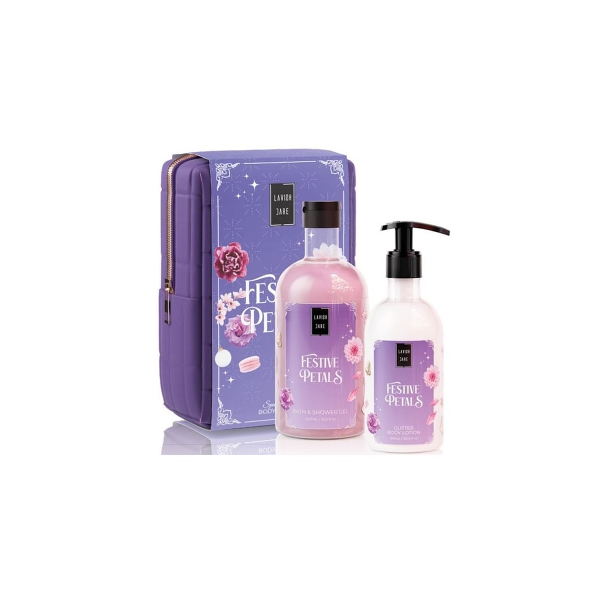 Lavish Care |  XMAS Promo Festive Petals Aφρόλουτρο, 500ml, Glitter Γαλάκτωμα Σώματος, 300ml & Δώρο Νεσεσέρ | 1σετ