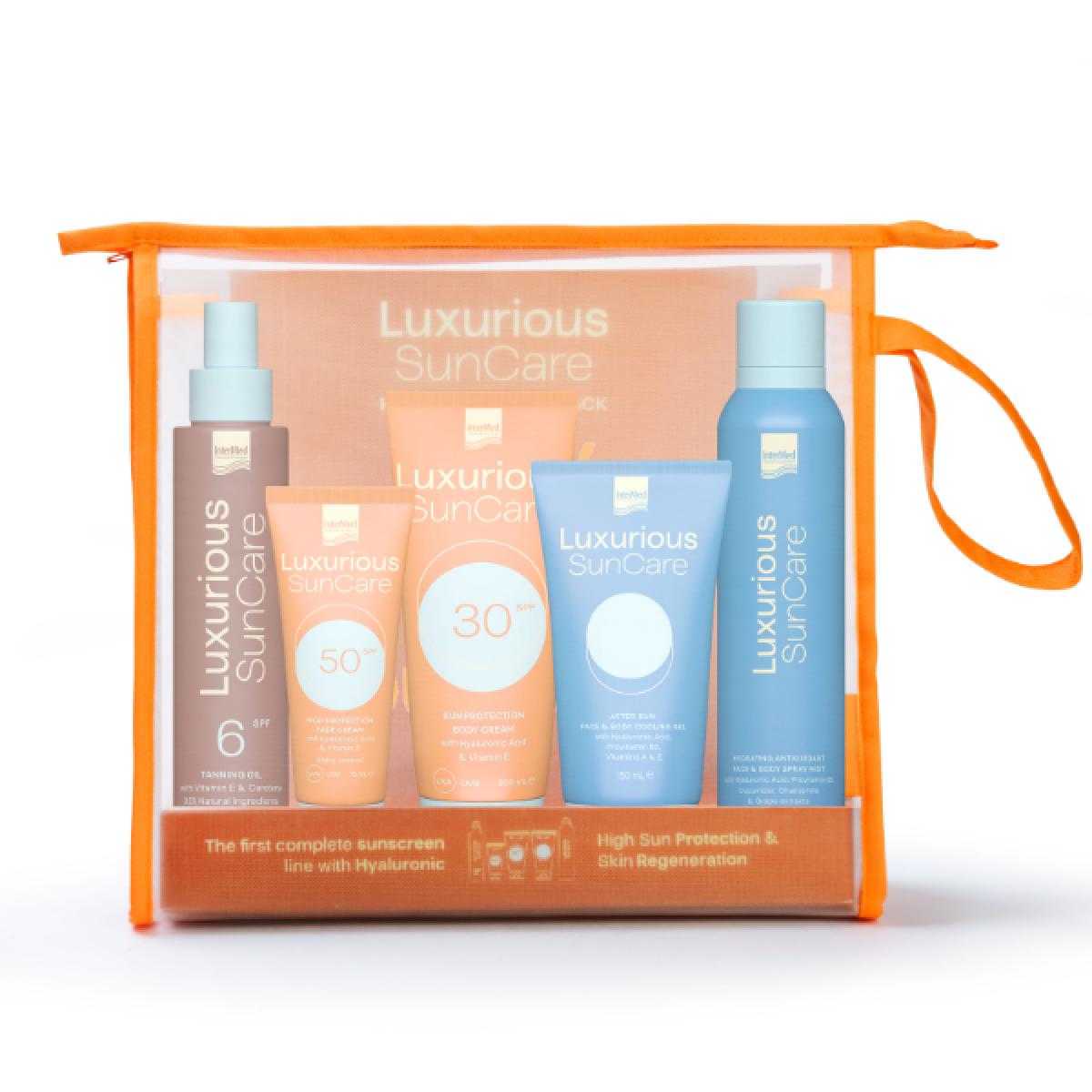 Intermed | Luxurious Sun Care High Protection Pack | Face Cream SPF50 75ml | Body Cream SPF30 200ml | Tanning Oil SPF6 200ml | After Sun Cooling Gel 150ml | & Hydrating Antioxidant Face & Body Mist 400ml