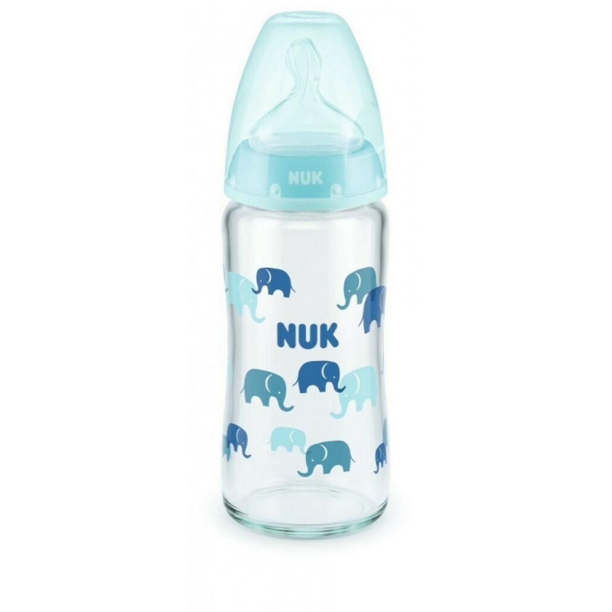 Nuk | Γυάλινο Μπιμπερό First Choice Plus Temperature Control Κατά των Κολικών με Θηλή Σιλικόνης , Σιέλ Ελεφαντάκια  για 0-6 μηνών | 240ml 