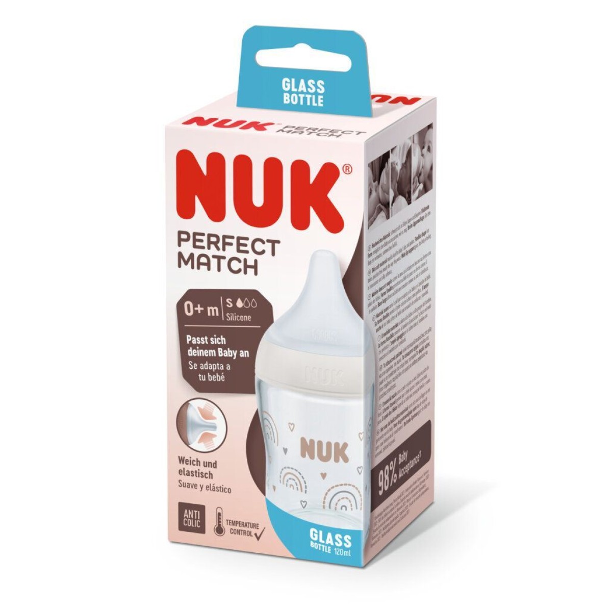 Nuk | Perfect Match Γυάλινο Μπιμπερό με Δείκτη Ελέγχου Θερμοκρασίας 0m + | 120ml