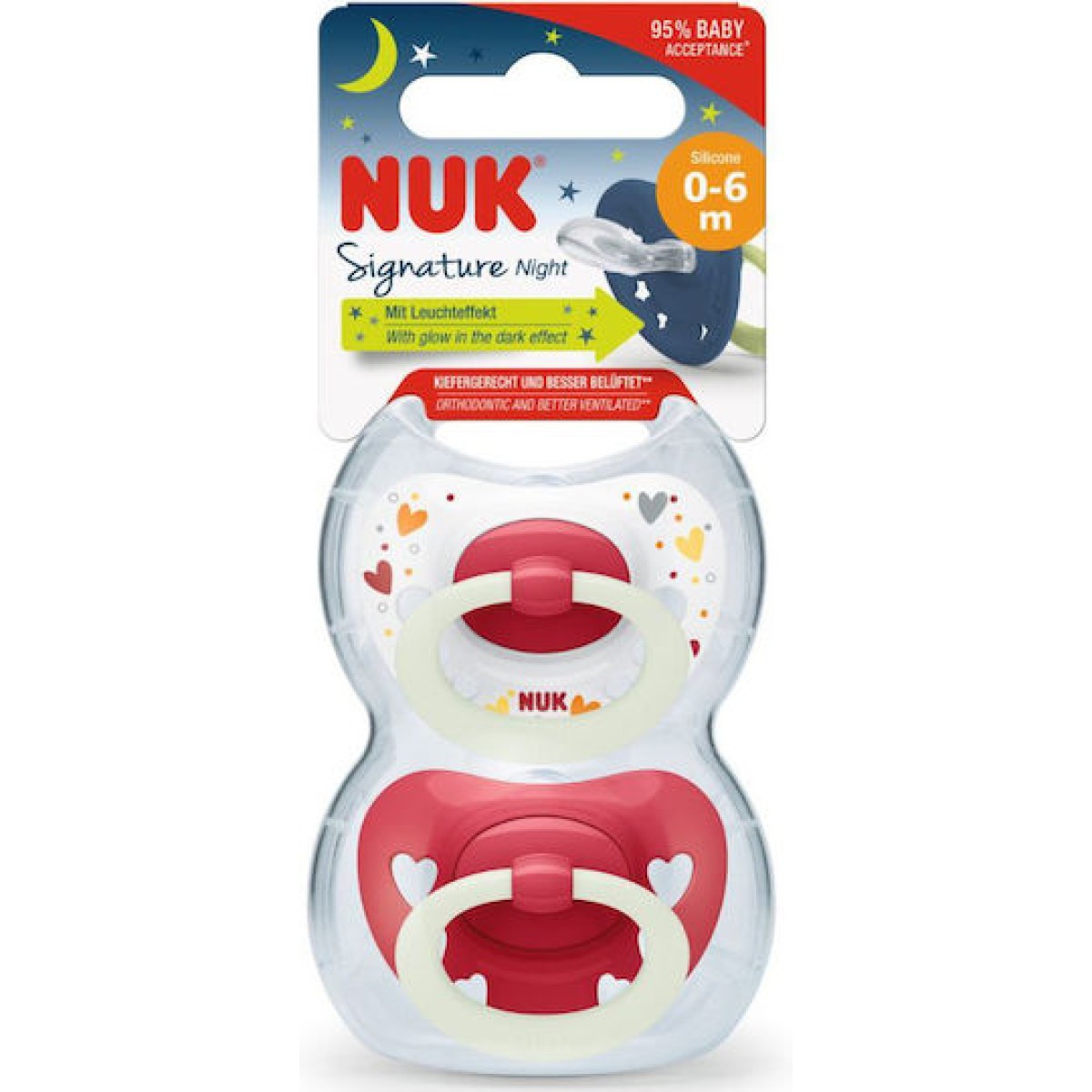 Nuk |  Signature Night Ορθοδοντικές Πιπίλες Σιλικόνης Νυκτός με Θήκη Άσπρο & Κοκκινο για 0-6 μηνών | 2τμχ