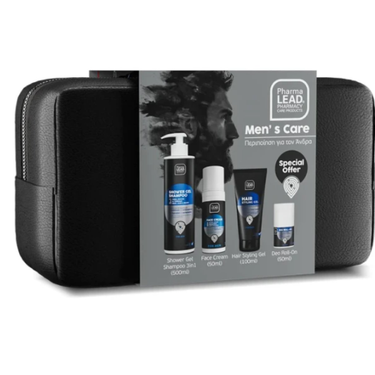 PharmaLead promo Men's Care Kit Shower Gel & Shampoo για τον Άνδρα 500ml & Face Cream & Hair Styling Gel 100ml -&Αποσμητικό Roll on 50ml & ΔΩΡΟ Νεσεσέρ