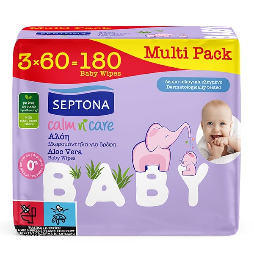 Septona | Calm n' Care Aloe Vera Μωρομάντηλα με Αλόη | 3x60τεμ 