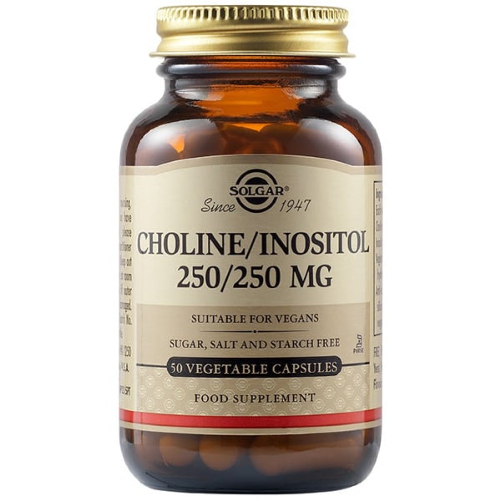 Solgar | Choline/Inositol 250/250mg Συμπλήρωμα Διατροφής με Χολίνη και Ινοσιτόλη για την Καλή Υγεία του Νευρικού - Μυϊκού Συστήματος | 50veg.caps