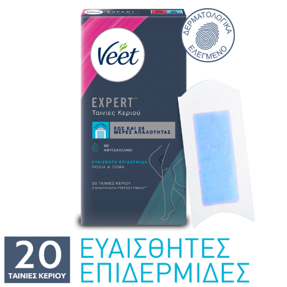 Veet | Expert Ταινίες Αποτρίχωσης με Κρύο Κερί για Σώμα & Πόδια για Ευαίσθητες Επιδερμίδες | 20τμχ