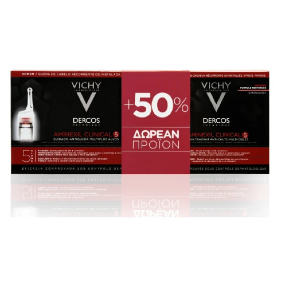 Vichy | Dercos Aminexil Clinical 5 Men Αμπούλες Τριχόπτωσης για Άνδρες  | 21+12 Δώρο Μονοδόσεις x 6ml