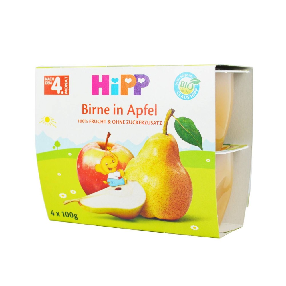 Hipp | Υποαλλεργική Φρουτόκρεμα Αχλάδι-Μήλο Βιολογικής Καλλιέργειας από τον 4ο Μήνα | 4 x 100gr