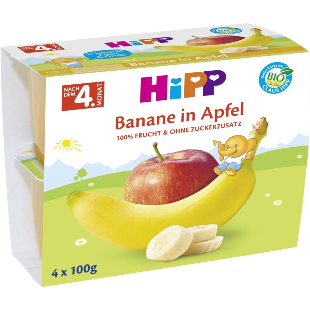 Hipp | Υποαλλεργική Φρουτόκρεμα Μπανάνα-Μήλο Βιολογικής Καλλιέργειας από τον 4ο Μήνα | 4 x 100gr