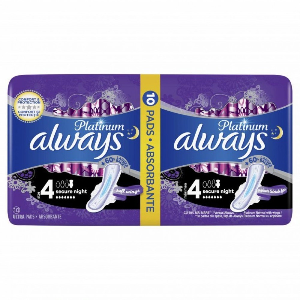 Always | Σερβιέτες Platinum Ultra Secure Night Size 4 με Φτερά | 10τμχ