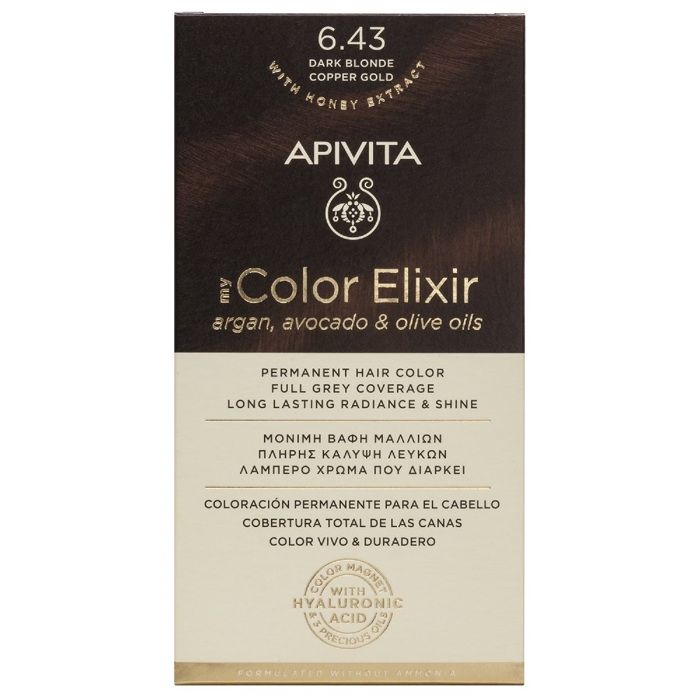 Apivita | My Color Elixir Μόνιμη Βαφή Μαλλιών No 6.43 Ξανθό Σκούρο Χάλκινο Μελί | 50ml