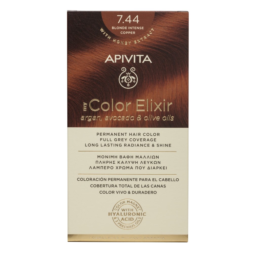 Apivita | My Color Elixir Μόνιμη Βαφή Μαλλιών No 7.44 Ξανθό Έντονο Χάλκινο | 50ml