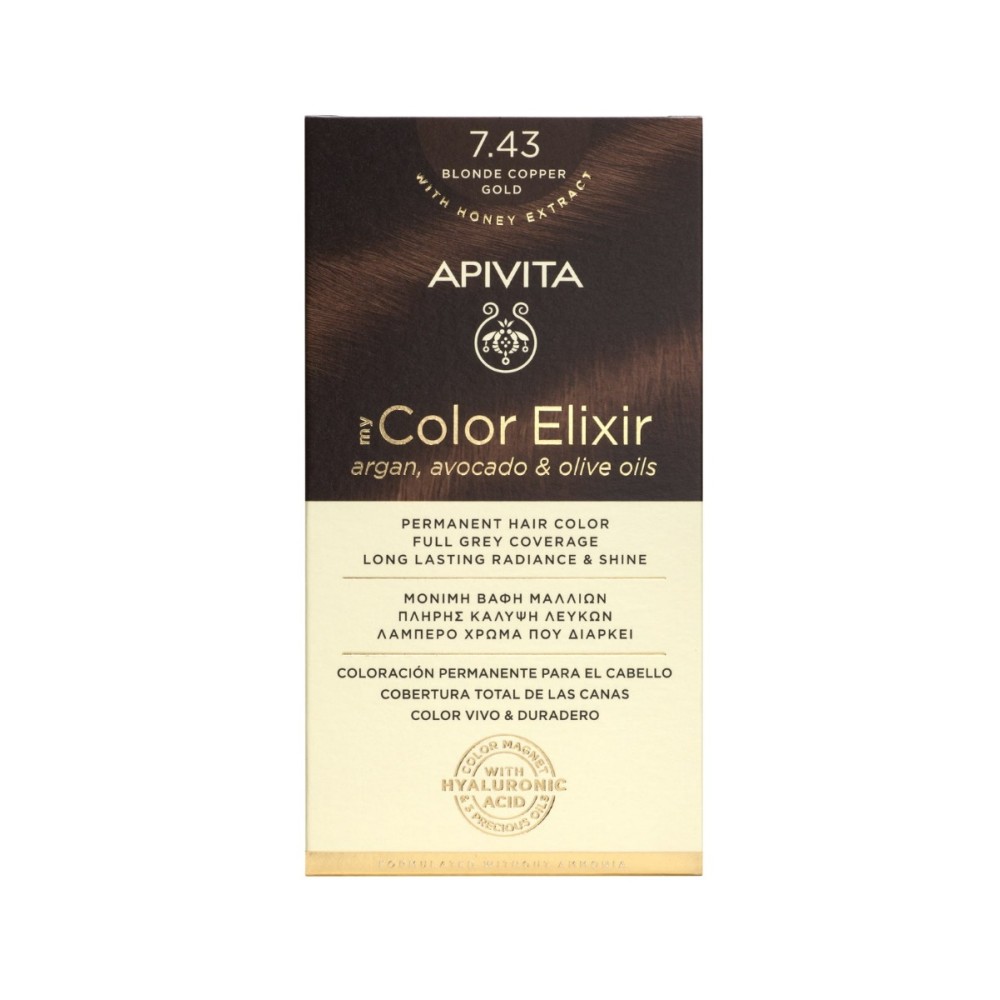 Apivita | My Color Elixir Μόνιμη Βαφή Μαλλιών No 7.43 Ξανθό Χάλκινο Μελί | 50ml