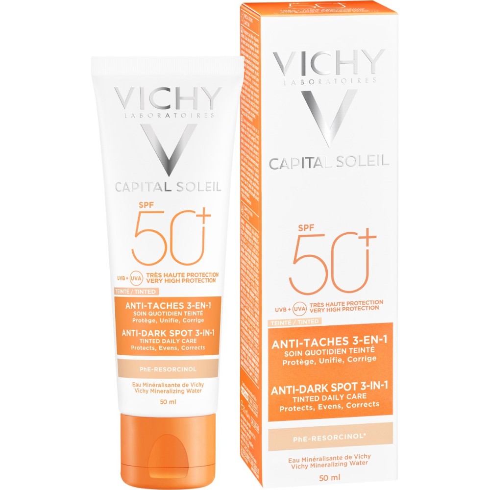 Vichy| Ideal Soleil Anti Dark Spot Tinted Cream| Αντηλιακή Κρέμα με Χρώμα Κατά των Κηλίδων 3 ΣΕ 1 SPF50+| 50ml