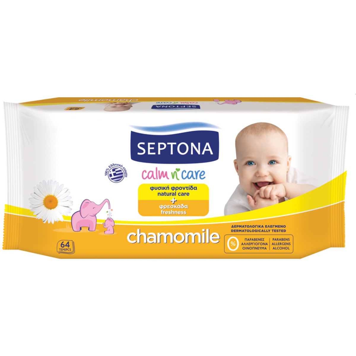 Septona Calm n Care | Μωρομάντηλα με Εκχύλισμα Χαμομηλιού | 64τμχ
