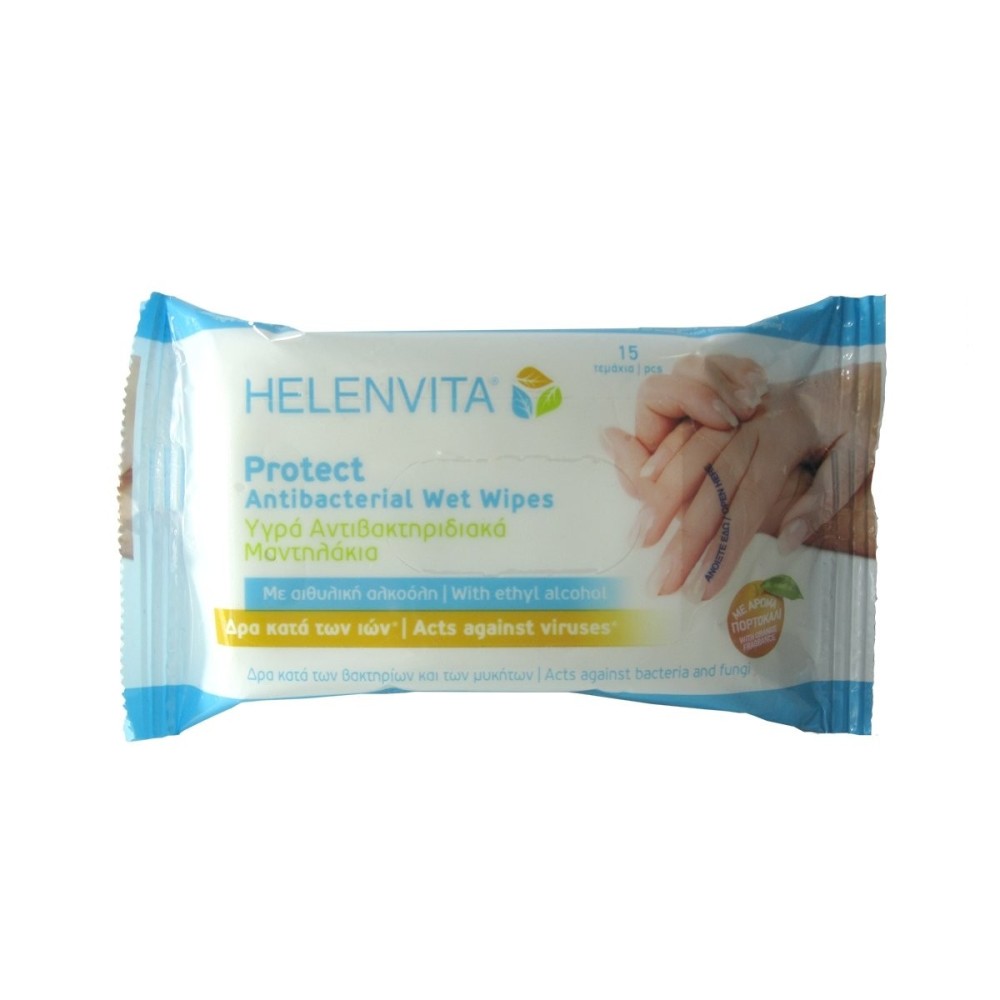 Helenvita | Protect Antibacterial Wet Wipes | Υγρά Μαντηλάκια Χεριών | 15 τμχ 2&1 ΔΩΡΟ