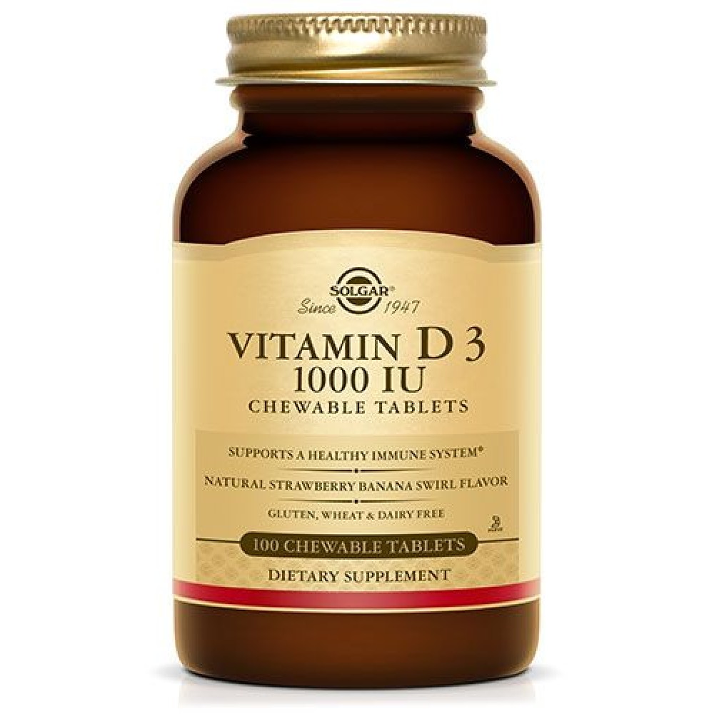 Solgar | Vitamin D3 1000 IU | Μασώμενες Ταμπλέτες Vit D3 με Γεύση Φράουλα-Μπανάνα | 100tabs