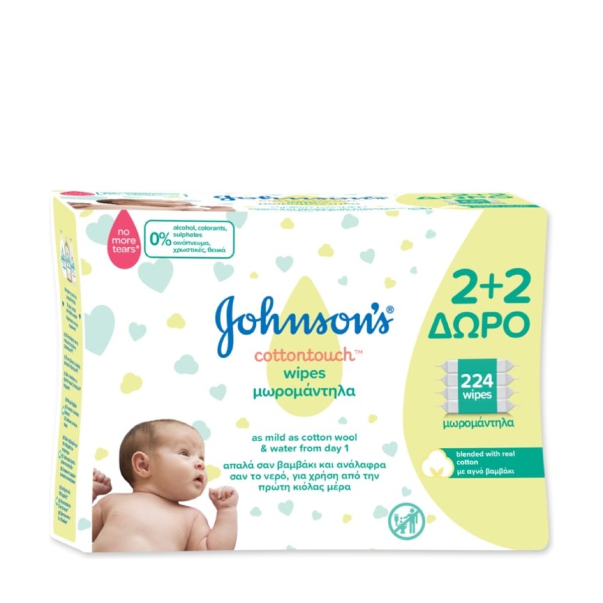 Johnson\'s | Cottontouch Wipes | Μωρομάντηλα | 224 τεμ (2+2 ΔΩΡΟ)