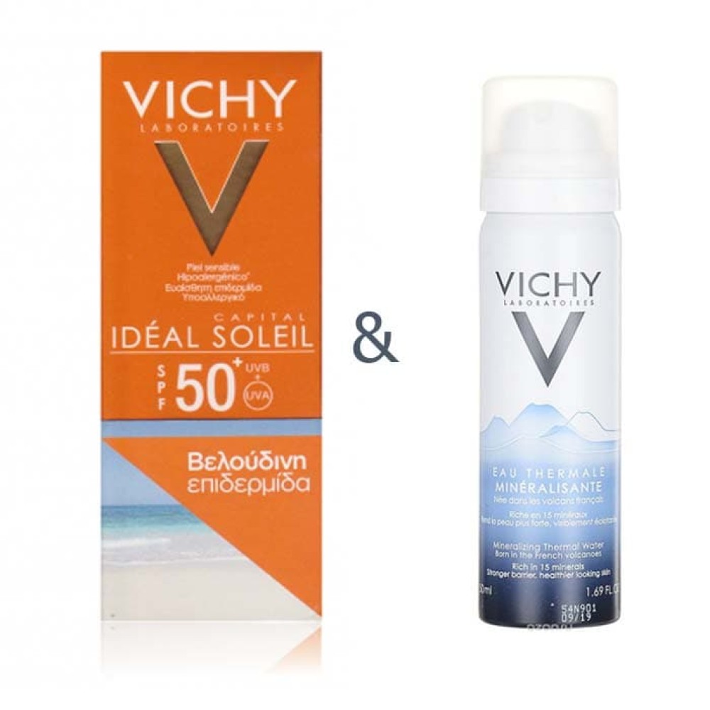 Vichy  | Ideal Soleil SPF50+ Αντηλιακή Κρέμα προσώπου για Βελούδινη Επιδερμίδα 50ml + ΔΩΡΟ Vichy Eau Thermale Mineralisante 50ml
