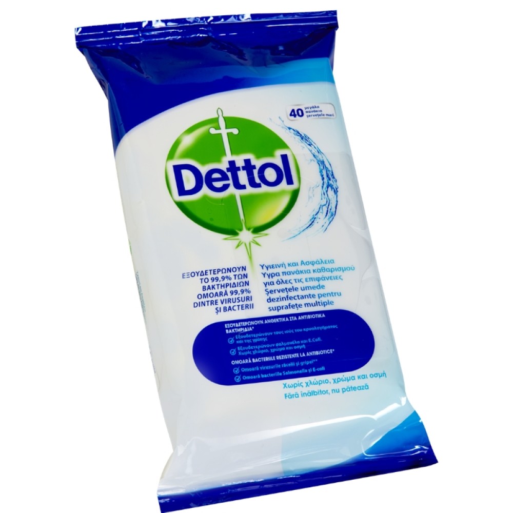 Dettol | Αντιβακτηριδιακά Υγρά Πανάκια Καθαρισμού για Όλες τις Επιφάνειες | 40τμχ