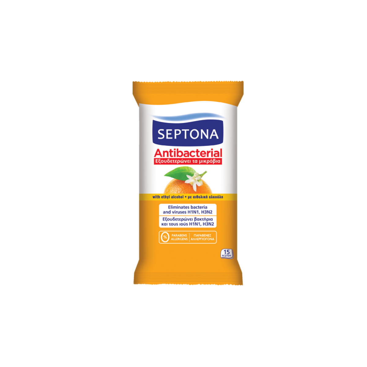 Septona | Αντιβακτηριδιακά Μαντηλάκια Χεριών με Άρωμα Ανθός Πορτοκαλιού | 15τμχ.