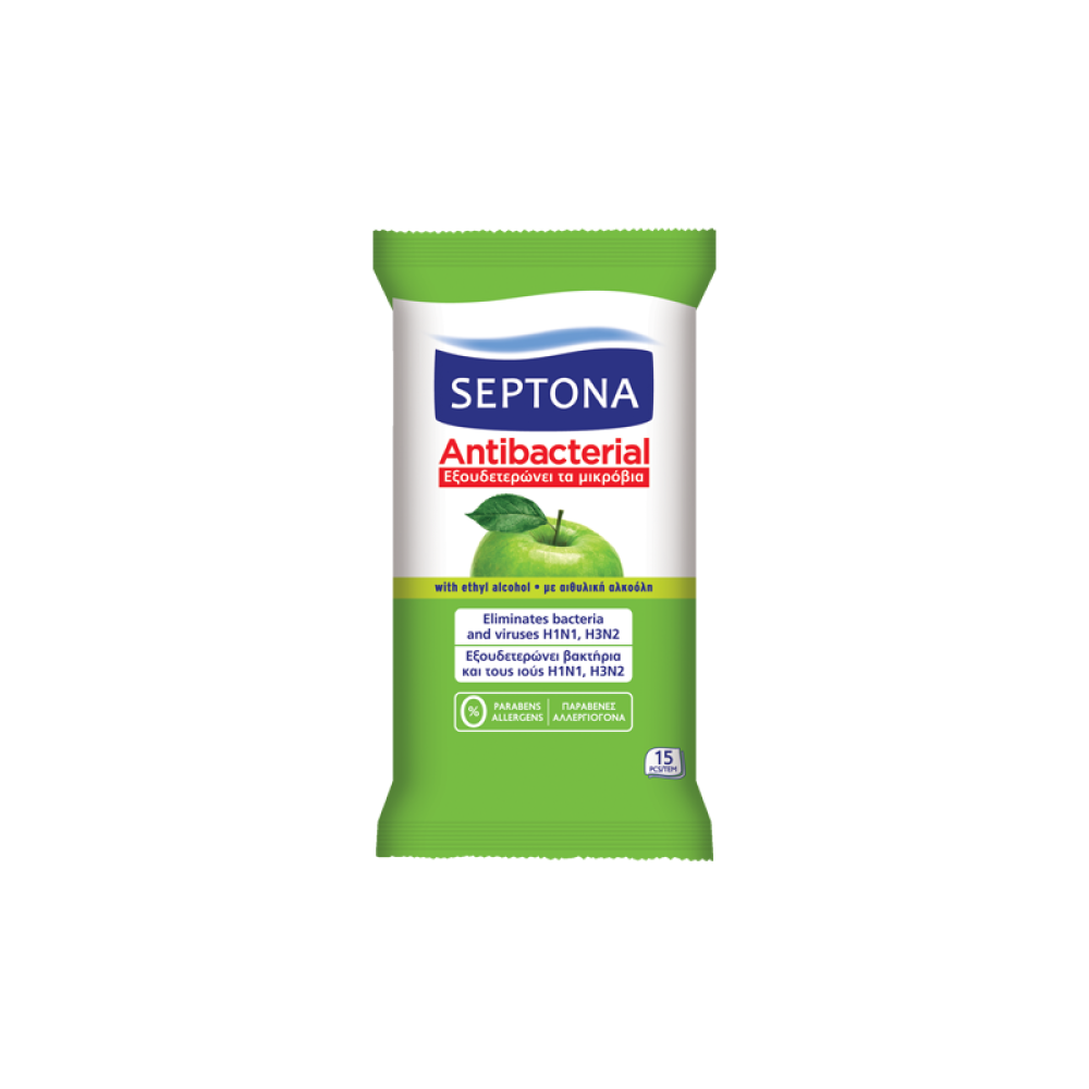 Septona | Αντιβακτηριδιακά Μαντηλάκια Χεριών με Άρωμα Πράσινο Μήλο | 15τμχ.