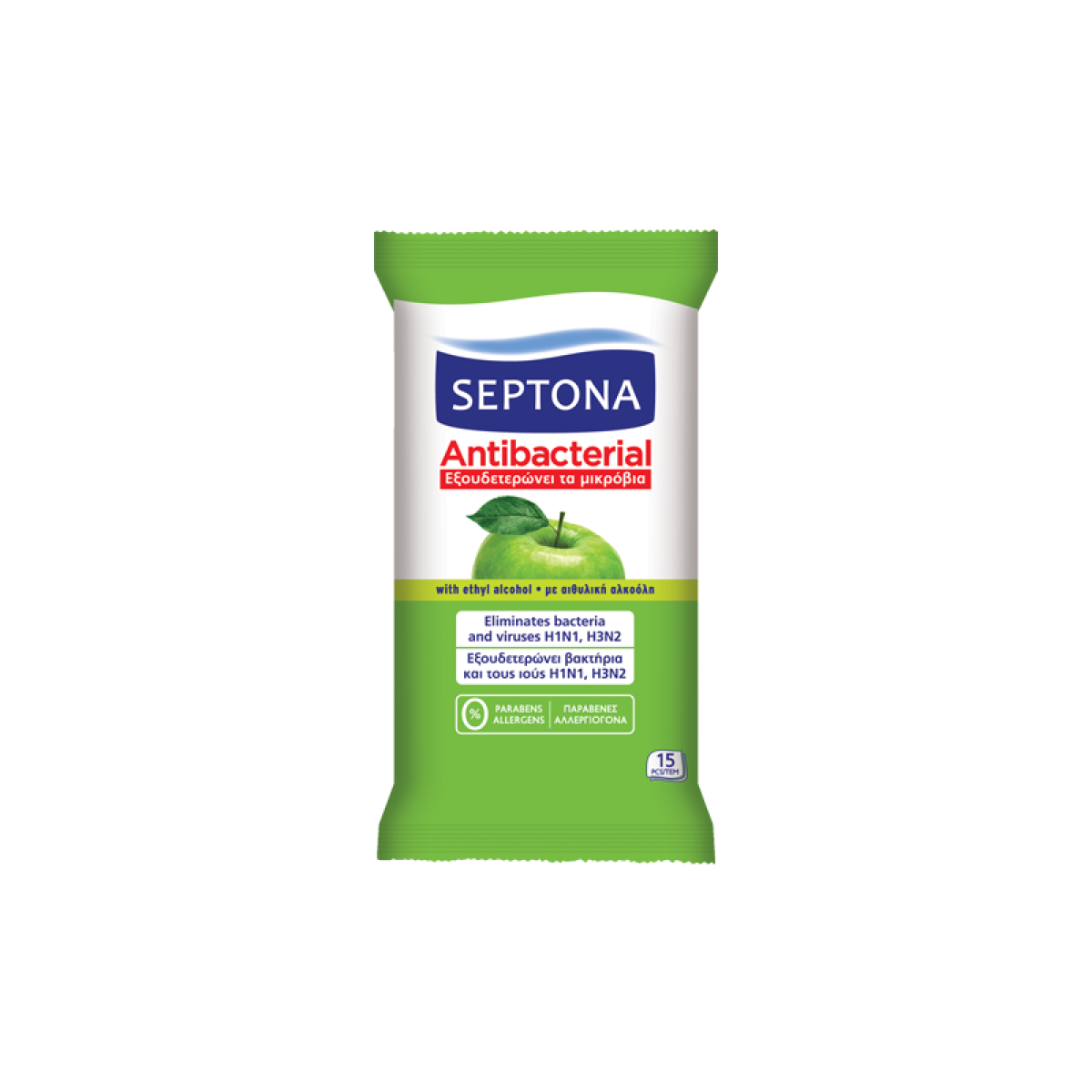 Septona | Αντιβακτηριδιακά Μαντηλάκια Χεριών με Άρωμα Πράσινο Μήλο | 15τμχ.