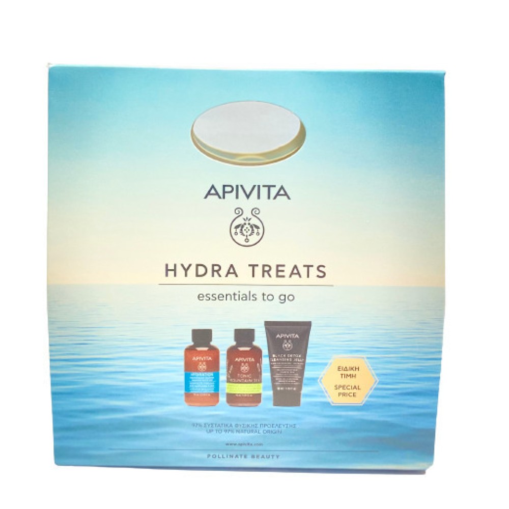 Apivita Πακέτο Προσφοράς|  Hydra Treats Hydration Shampoo 75ml |  Tonic Mountain Tea Shower Gel 75ml | Black Detox Face Cleansing Jelly 50ml
