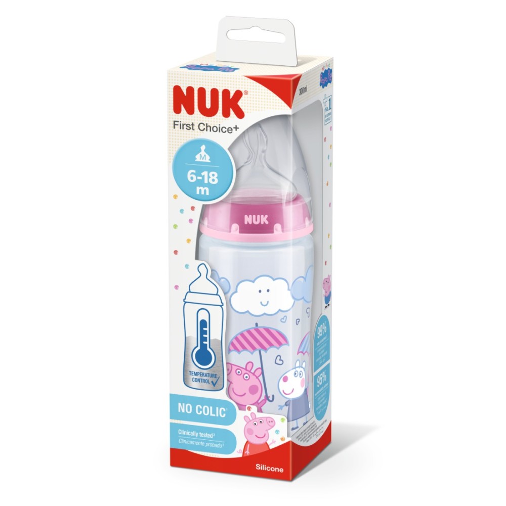 Nuk | First Choice Μπιμπερό Peppa Pig Με Δείκτη Ελέγχου Θερμοκρασίας 6-18m Medium Ροζ| 300ml